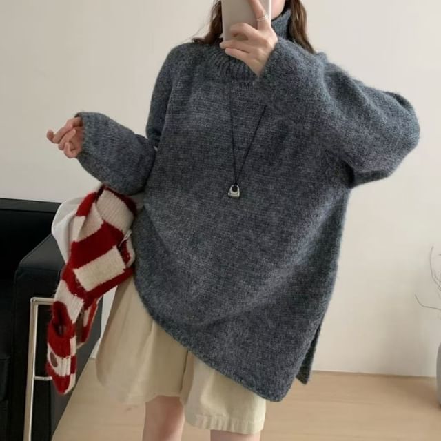 Asymmetrical Slit Turtleneck Oversized Sweater