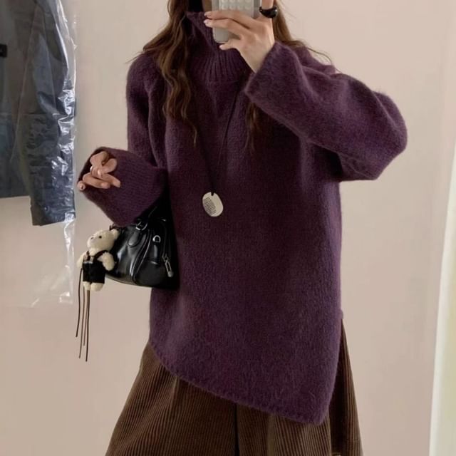 Asymmetrical Slit Turtleneck Oversized Sweater