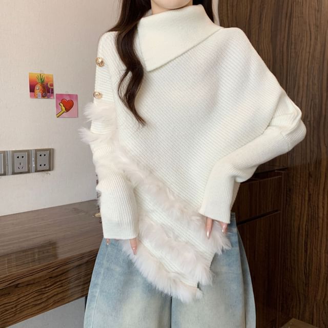 Fluffy Panel Turtleneck Asymmetrical Knit Top Long Sleeve