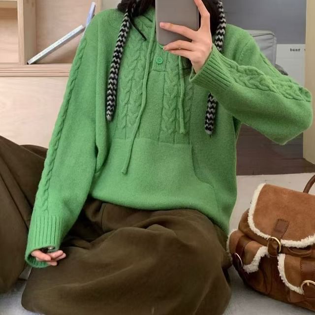 Drawstring Cable Knit Hoodie