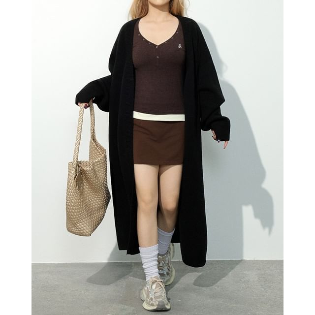 Plus Size V-Neck Plain Long Open Front Cardigan