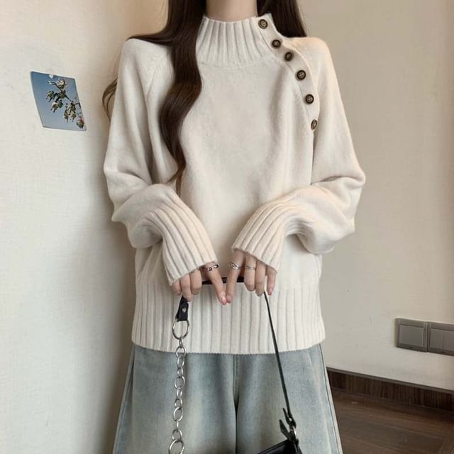 High Neck Button Detail Long Sleeve Knit Sweater