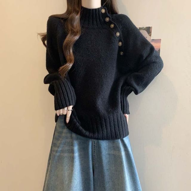 High Neck Button Detail Long Sleeve Knit Sweater
