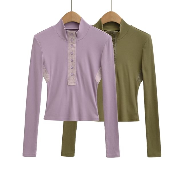 Plain Crop Tee with Mock Neck and Long Sleeves