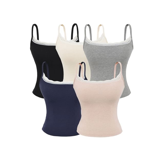 Lace Trim Camisole Top with Spaghetti Straps and Scoop Neck