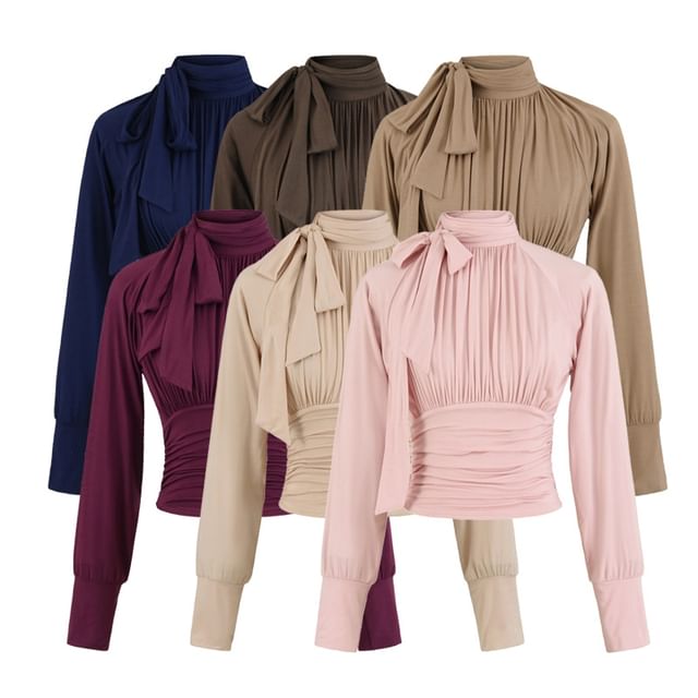Ruched Plain Blouse with Mock Neck and Long Sleeves