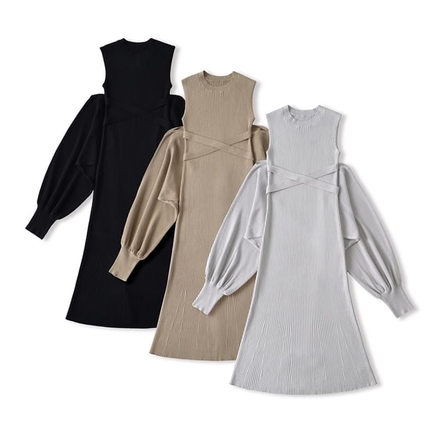 Set: Sleeveless Plain Midi Pleated A-Line Dress + Crop Sweater