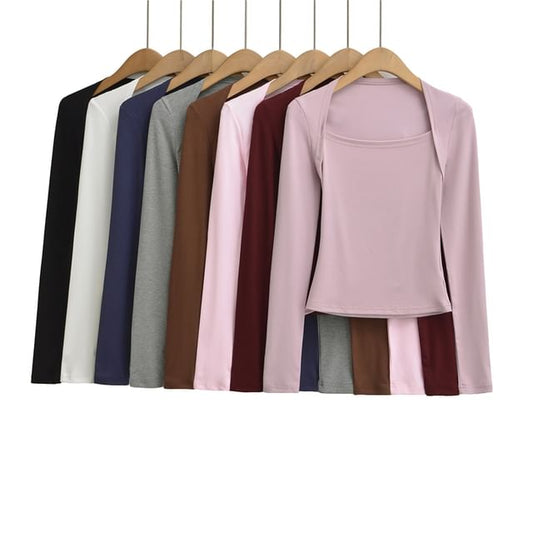 Plain Crop Tee with Square Neck and Long Sleeves