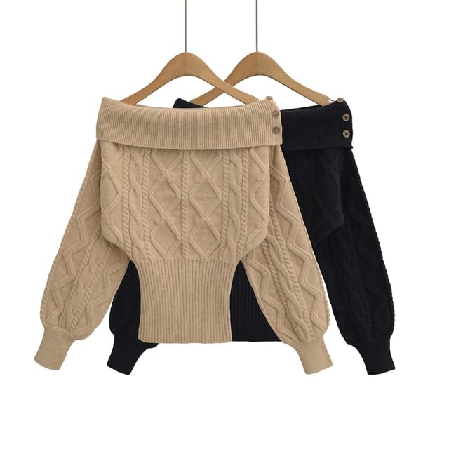 Cable-Knit Plain Sweater with Off-Shoulder Design