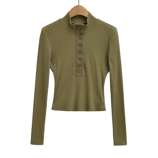 Plain Crop Tee with Mock Neck and Long Sleeves