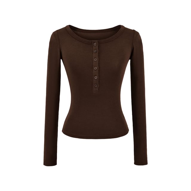 Plain Crop Tee with Scoop Henley Neck and Long Sleeves