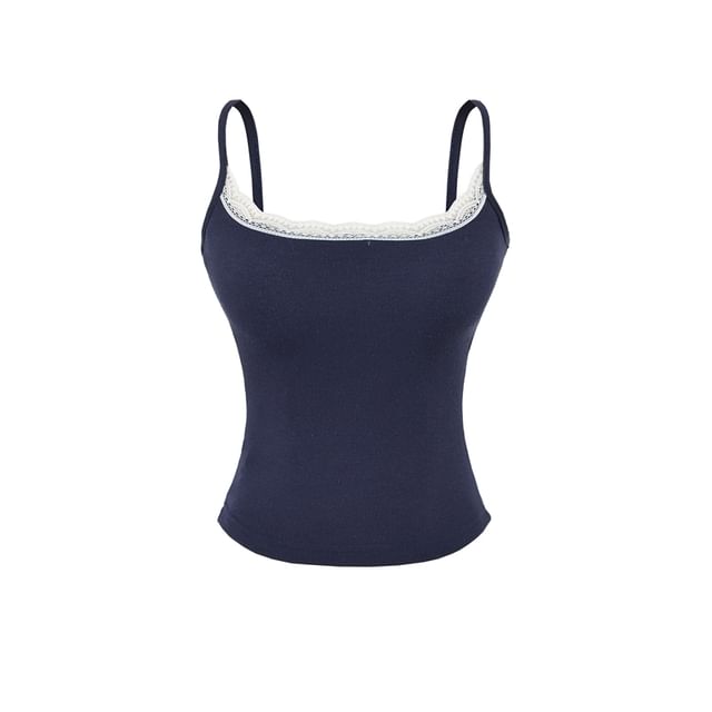 Lace Trim Camisole Top with Spaghetti Straps and Scoop Neck