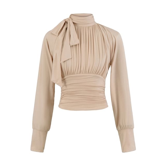 Ruched Plain Blouse with Mock Neck and Long Sleeves
