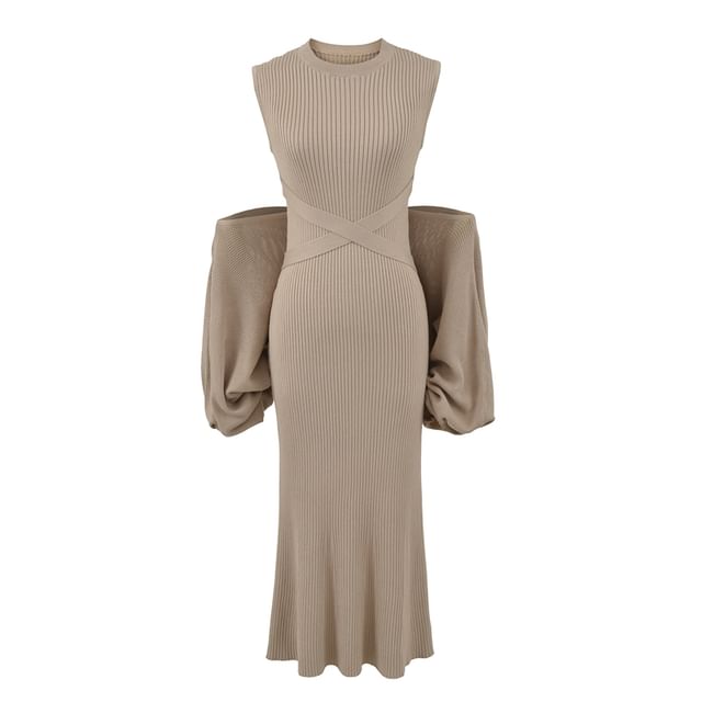 Set: Sleeveless Plain Midi Pleated A-Line Dress + Crop Sweater