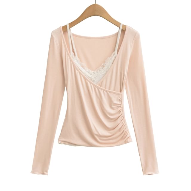 Set: Lace Camisole Top + Long-Sleeve Plain V-Neck Wrap Tee