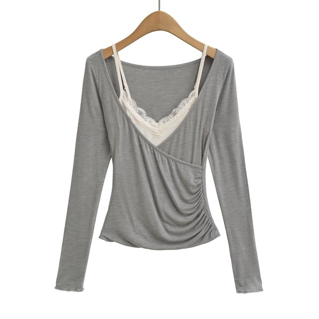 Set: Lace Camisole Top + Long-Sleeve Plain V-Neck Wrap Tee