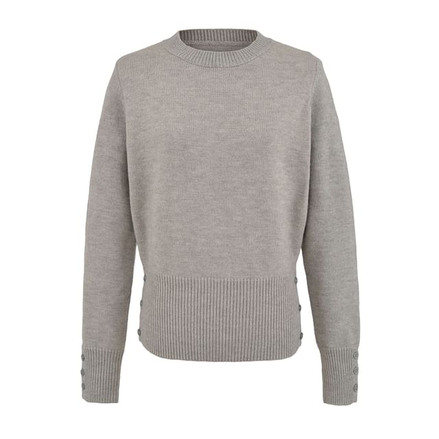 Ribbed Knit Plain Sweater with Round Neckline