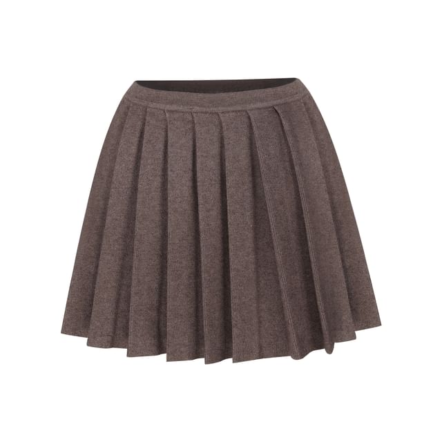 Hooded Plain Cardigan / High Waist Mini Pleated Skirt / Sleeveless Lace Crop Top