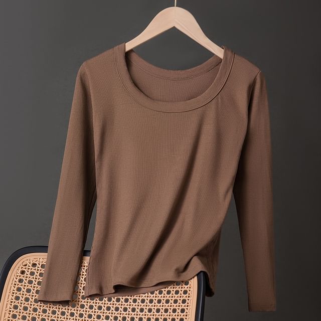 Plain Ribbed Underwear T-Shirt with Round Neck and Long Sleeves