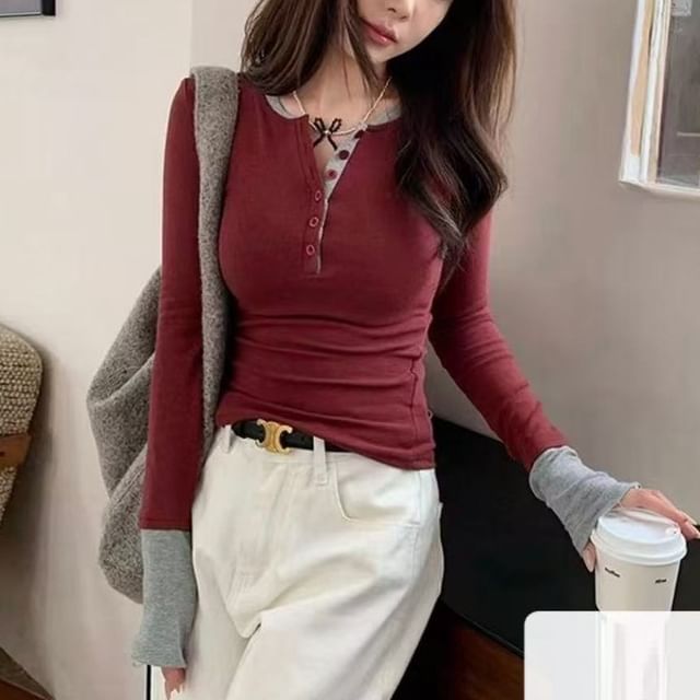 Long Sleeve Two-Tone Henley Tee