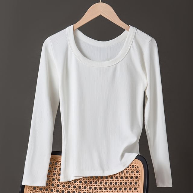 Plain Ribbed Underwear T-Shirt with Round Neck and Long Sleeves