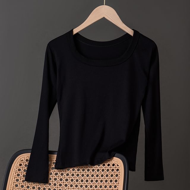 Plain Ribbed Underwear T-Shirt with Round Neck and Long Sleeves