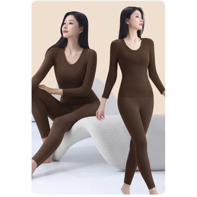 Set: Long-Sleeve Plain Crew Neck Underwear Tee + Leggings