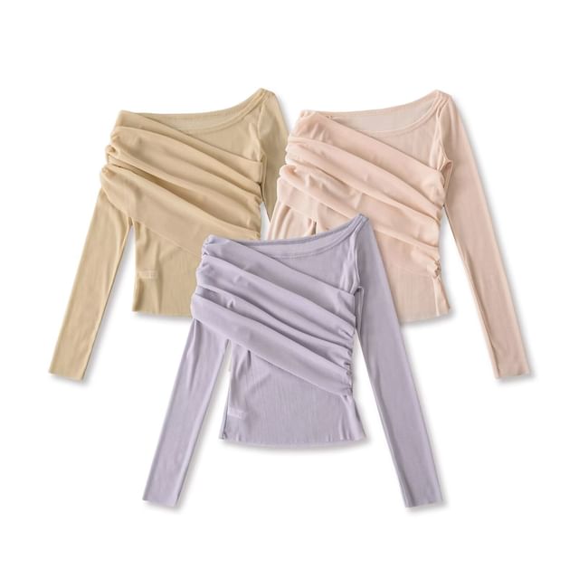 Long Sleeve One Shoulder Plain Ruched Panel Blouse