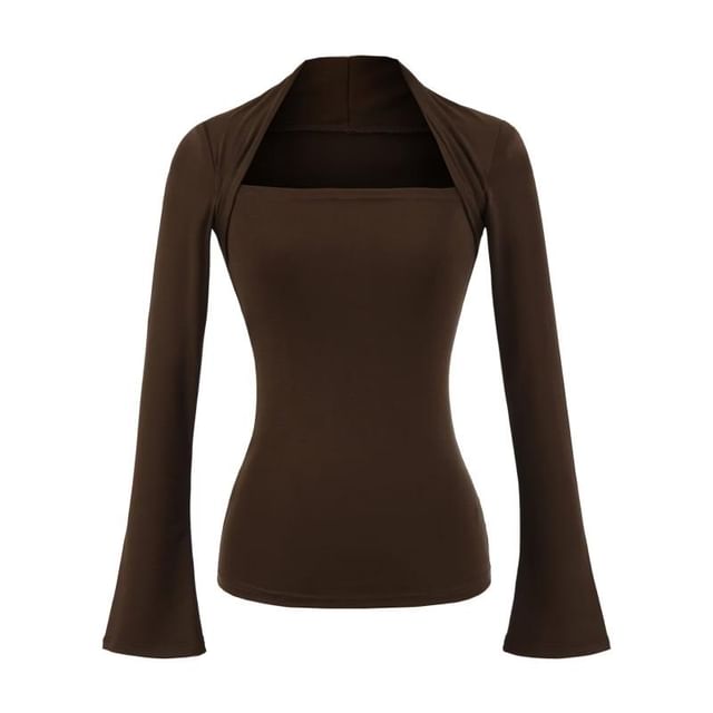 Long Sleeve Queen Anne Neckline Plain Blouse