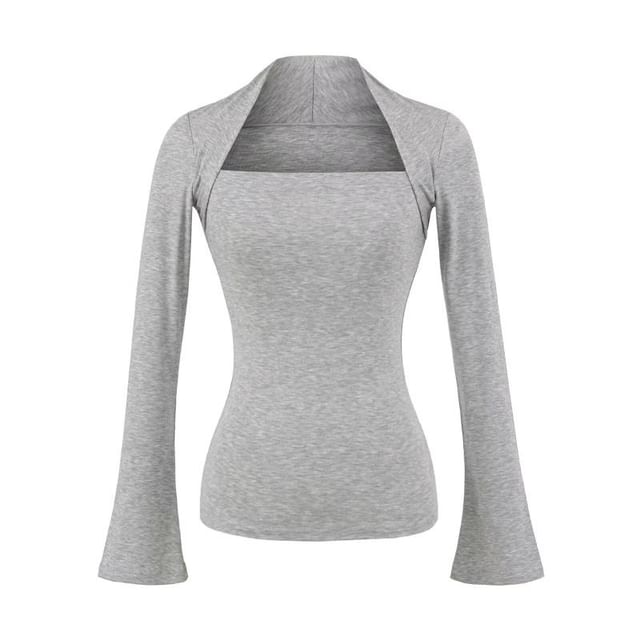 Long Sleeve Queen Anne Neckline Plain Blouse
