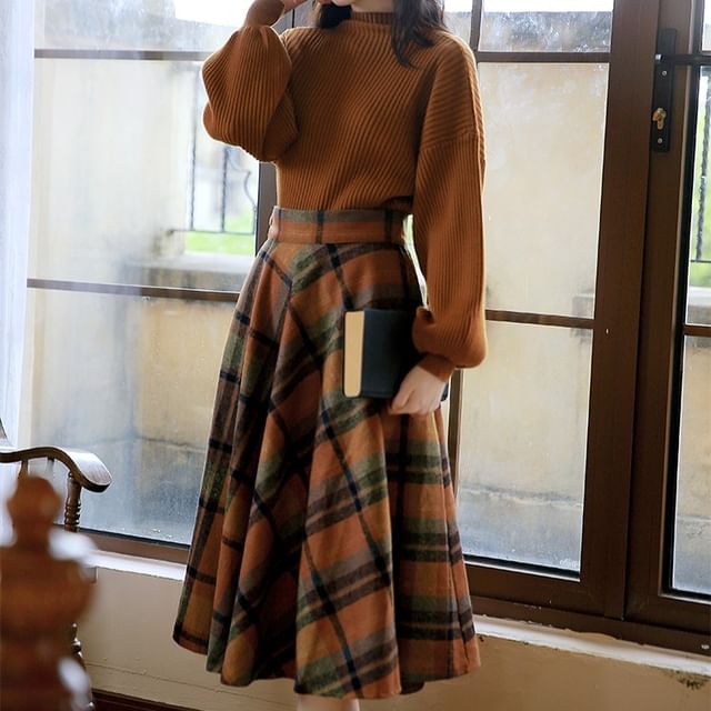Mock Neck Plain Ribbed Sweater & High Rise Plaid Midi A-Line Skirt Set