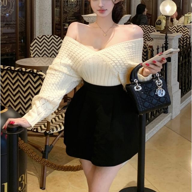 Off Shoulder Plain Pointelle Sweater & High Waist Plain Mini A-Line Skirt