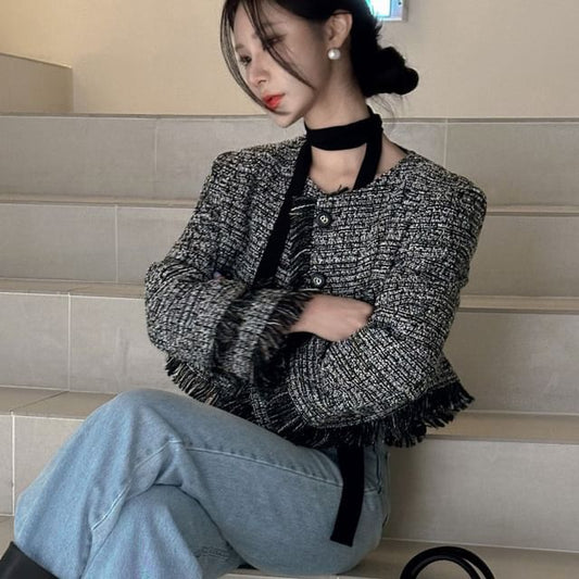 Round Neck Fringe Tweed Button Jacket