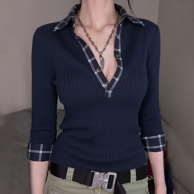 Plaid Collared Ribbed Button Mock Two-Piece Top, 3/4 Sleeves