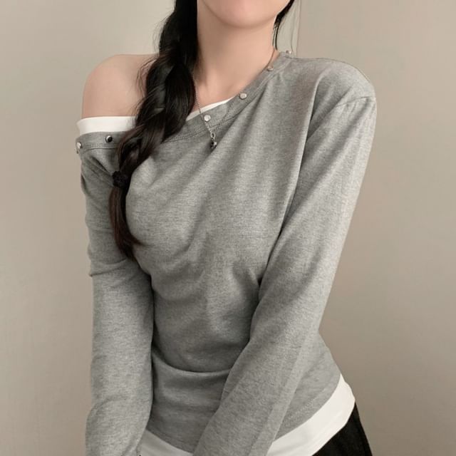 Studded Mock-Layered Top with One Shoulder & Long Sleeves