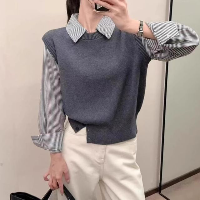 Striped Knit Panel Cropped Blouse, Collared Mock Two-Piece Long-Sleeve