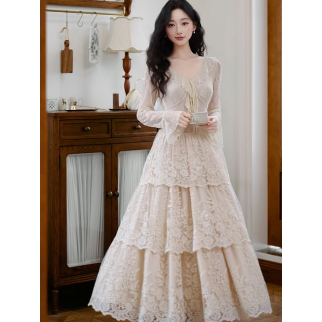Long Sleeve V-Neck Plain Ruffle Tiered Lace Maxi A-Line Dress