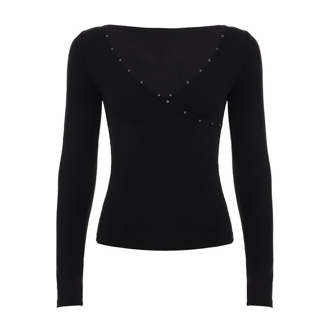 Studded V-Neck Fitted Long-Sleeve Tee