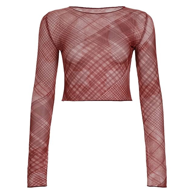 Plaid Mesh Crop Top with Round Neck and Long Sleeves