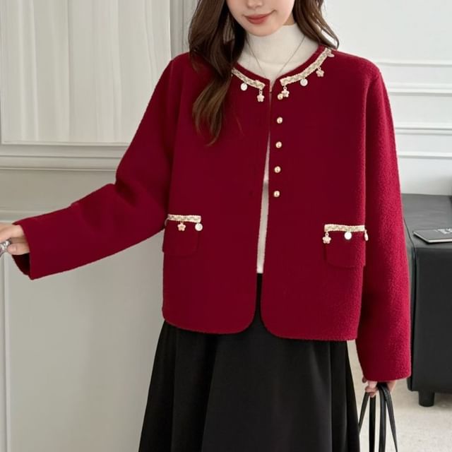 Round Neck Contrast Trim Button Up Wool Jacket