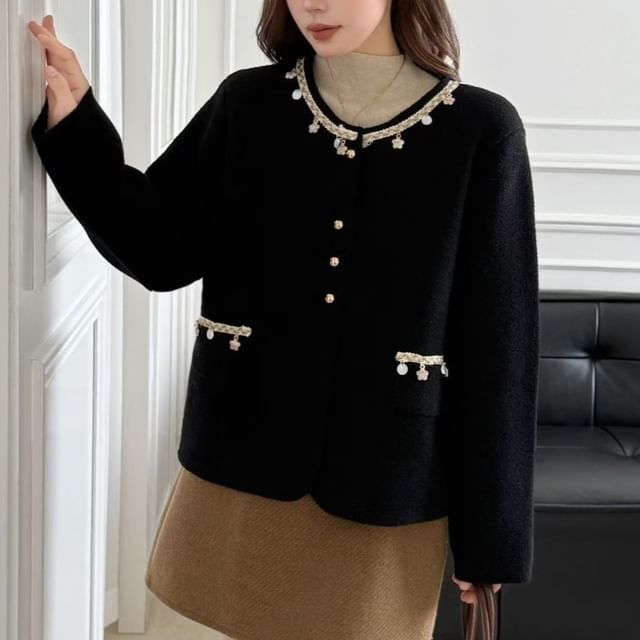 Round Neck Contrast Trim Button Up Wool Jacket