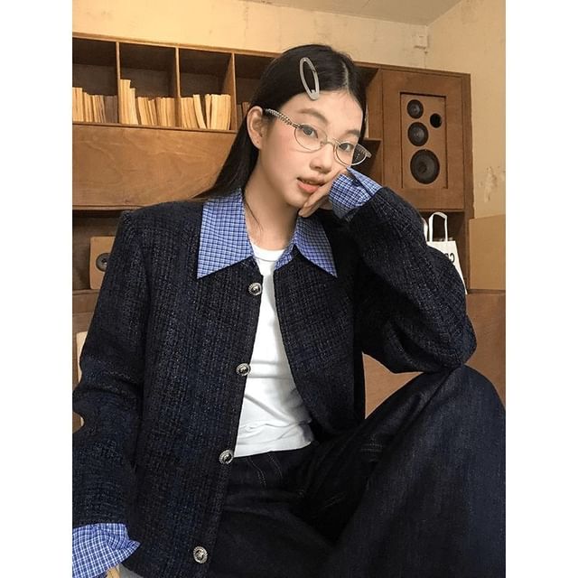 Mock Two-Piece Collared Plaid Panel Button-Up Tweed Crop Jacket