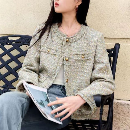 Crew Neck Frayed Button-Up Tweed Jacket