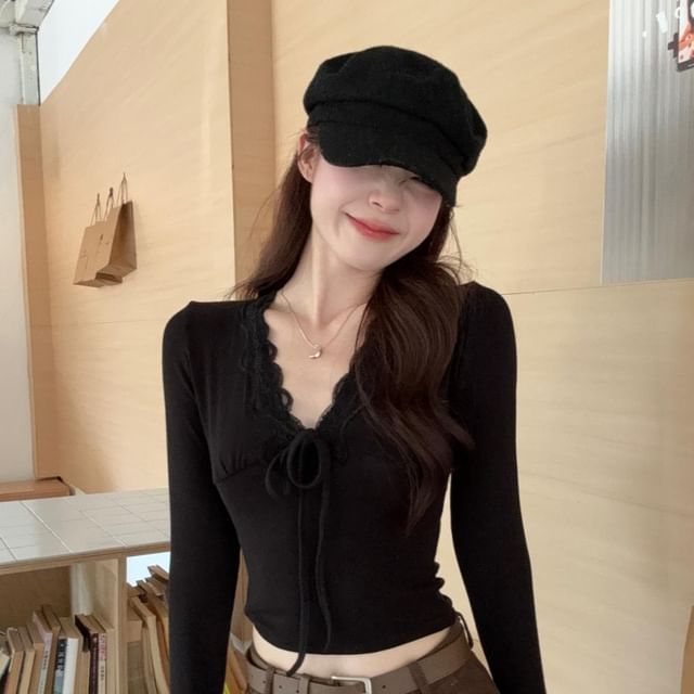 Lace-Trim Tie-Front V-Neck Fitted Long-Sleeve Top
