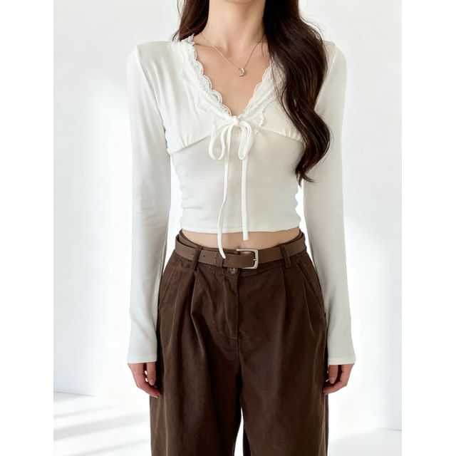 Lace-Trim Tie-Front V-Neck Fitted Long-Sleeve Top