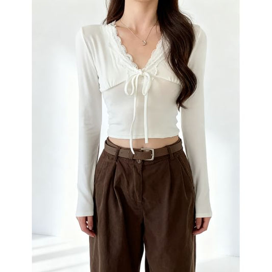 Lace-Trim Tie-Front V-Neck Fitted Long-Sleeve Top