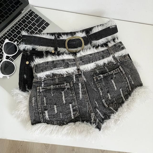 Mid Rise Fluffy Trim Denim Shorts