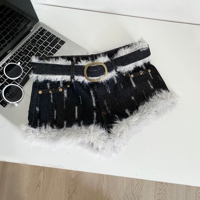 Mid Rise Fluffy Trim Denim Shorts