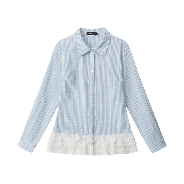 Plaid Lace-Trimmed Slim Shirt with Collar and Long Sleeves