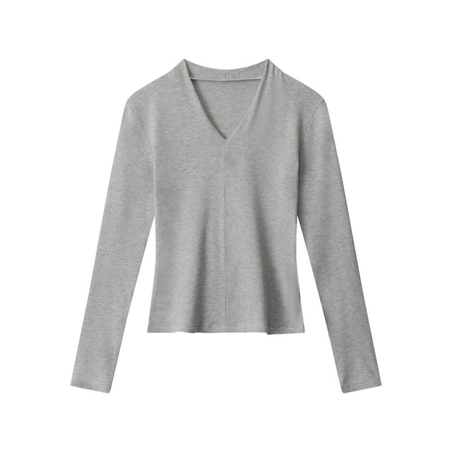Ribbed Knit V-Neck Fitted Long-Sleeve Top